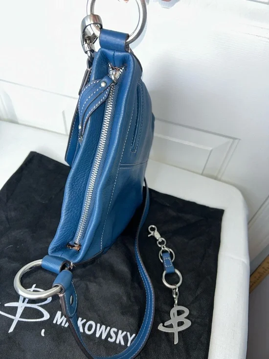 B. Makowsky Blue Pebbled Leather Crossbody with Silver Bag charm & Dust Bag EUC - Picture 11 of 17